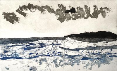 Collagraph printmaking of a mountain scape