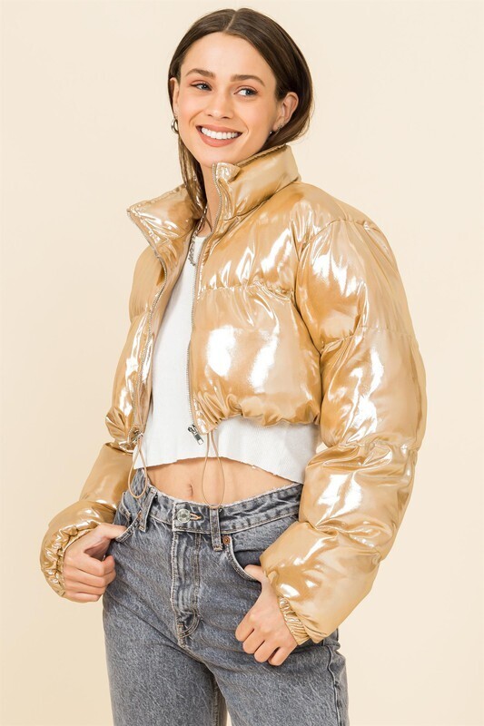 HYFVE: Gold Cropped Puffer Jacket