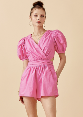 Day+Moon: A1321 Puff Sleeve Ruched Waistband Romper