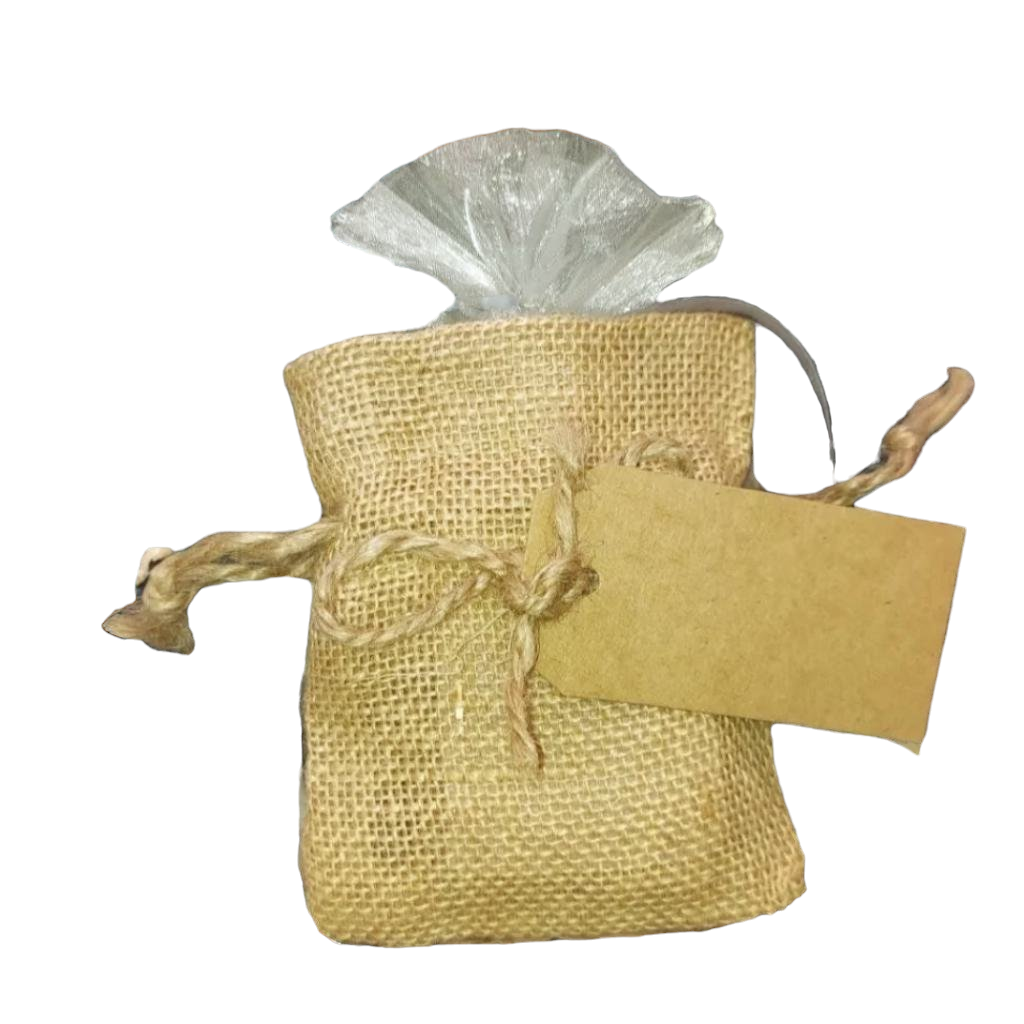 soap in burlap bag on white background