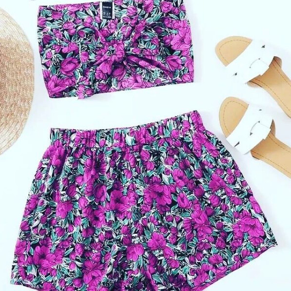 Tie Front Floral Tube Top and Shorts