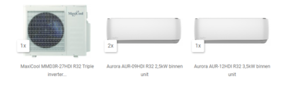 MaxiCool R32 Aurora Triple voordeelset 2 x 2,5 + 3,5 kW compleet
