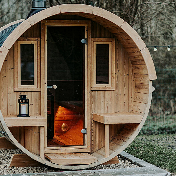 Barrel Sauna ECO Outdoor ø205cm x 400cm met kleedkamer en Terras met dak