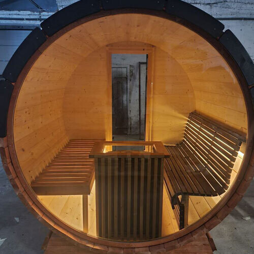 BARREL ECO Sauna Infrarood Outdoor met kleedkamer Terras H=230cm ø205cm x 400cm