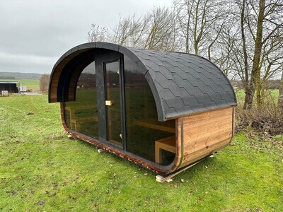 EGG Sauna met Relax ruimte of huisje Outdoor H=230cm B=480cm