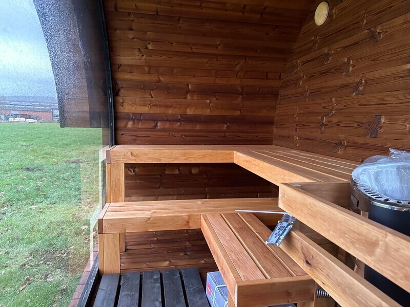 EGG Sauna met Relax ruimte of huisje Outdoor H=230cm B=405cm of B=610cm