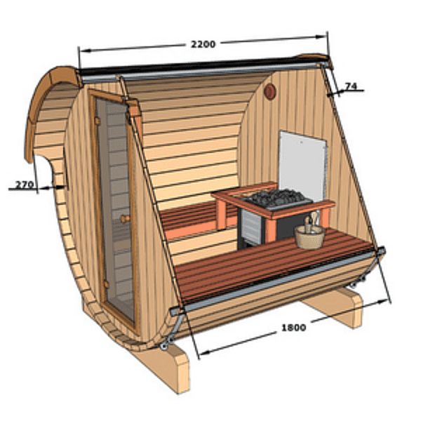 BARREL Sauna Outdoor met oversteek ø205cm Lengte naar keuze