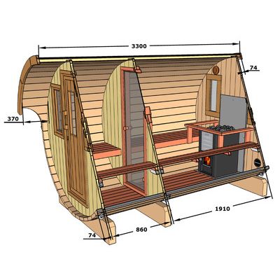 BARREL Sauna Outdoor met oversteek ø205cm Lengte naar keuze