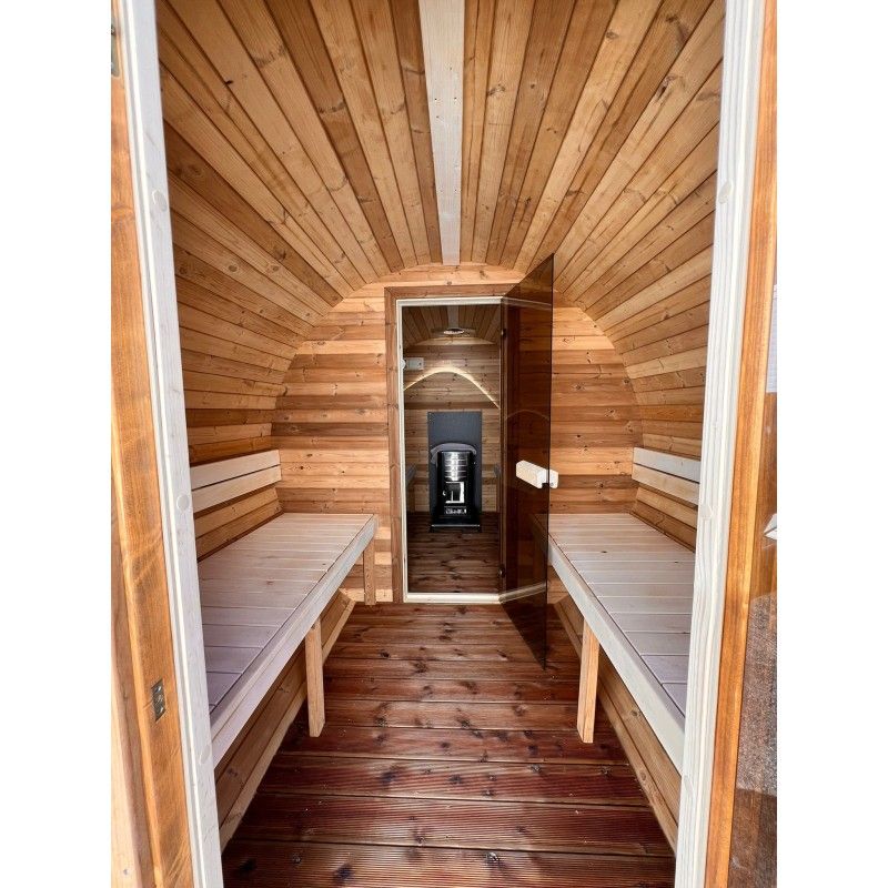 BARREL Thermowood Sauna Outdoor met kleedkamer 400cm ø235cm H=240cm