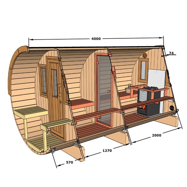 BARREL Sauna Outdoor  400cm ø205cm met kleedkamer en Terras
