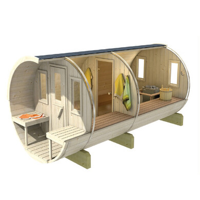 IDEALe BARREL Thermowood Sauna Outdoor met kleedkamer + Terras ø235cm H=240cm