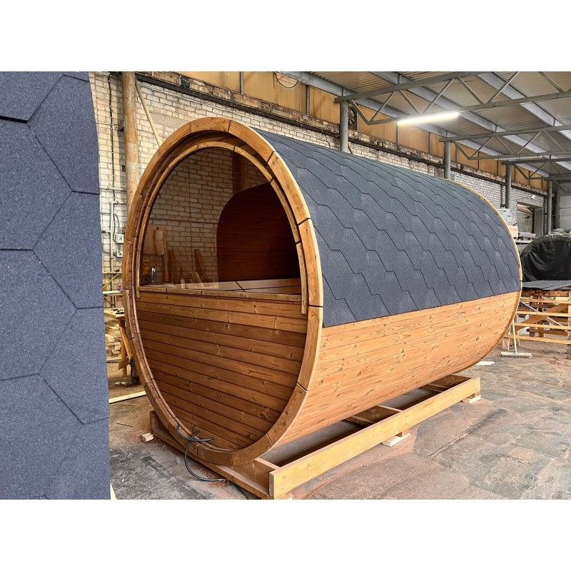 IDEALe BARREL Thermowood Sauna Outdoor met kleedkamer + Terras ø235cm H=240cm