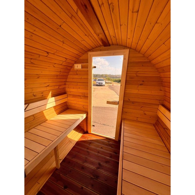 IDEALe BARREL Thermowood Sauna Outdoor met kleedkamer + Terras ø235cm H=240cm