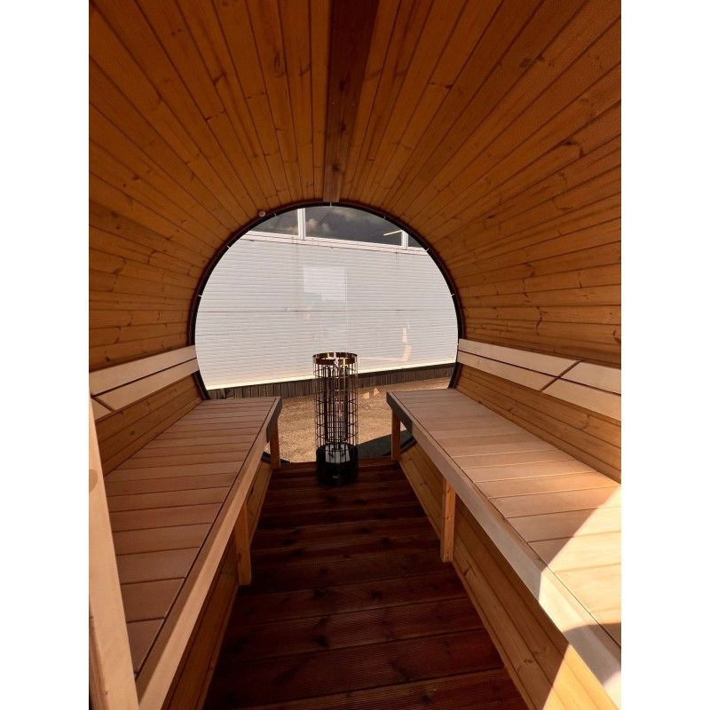 IDEALe BARREL Thermowood Sauna Outdoor met kleedkamer + Terras ø235cm H=240cm