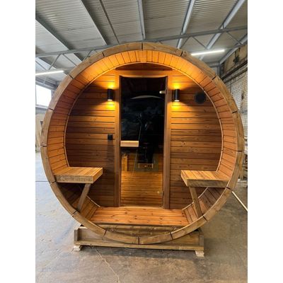 IDEALe BARREL Thermowood Sauna Outdoor met kleedkamer + Terras ø235cm H=240cm