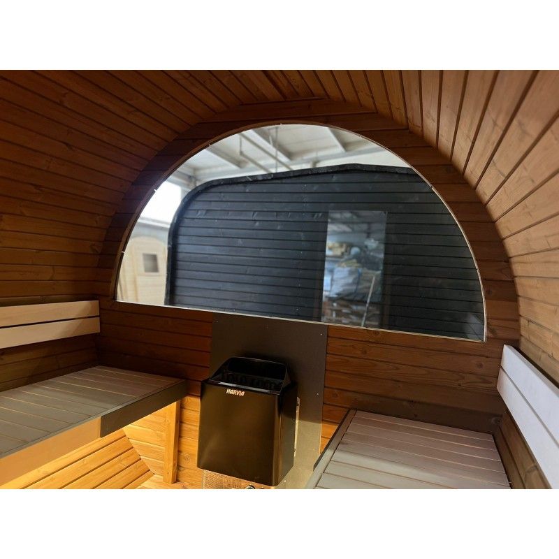 IDEALe BARREL Thermowood Sauna Outdoor met kleedkamer + Terras ø235cm H=240cm