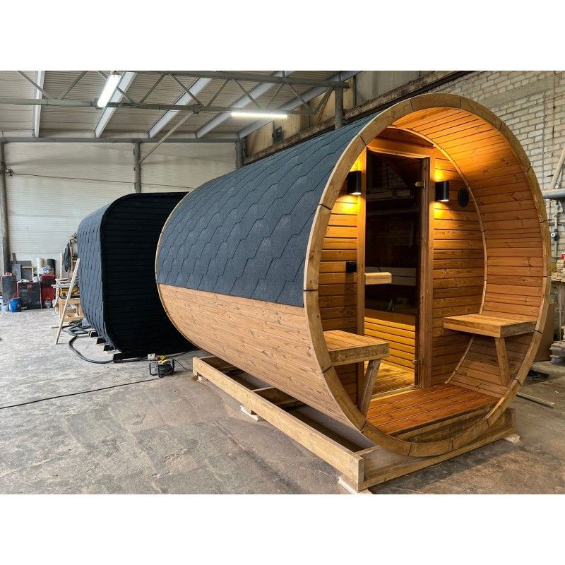 IDEALe BARREL Thermowood Sauna Outdoor met kleedkamer + Terras ø235cm H=240cm