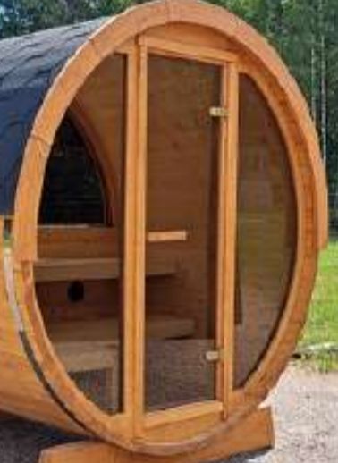 IDEALe BARREL Thermowood Sauna Outdoor met kleedkamer + Terras ø235cm H=240cm