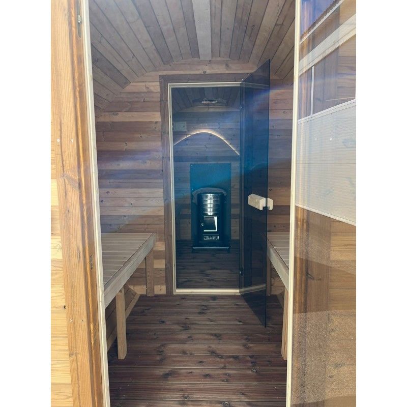 IDEALe BARREL Thermowood Sauna Outdoor met kleedkamer + Terras ø235cm H=240cm