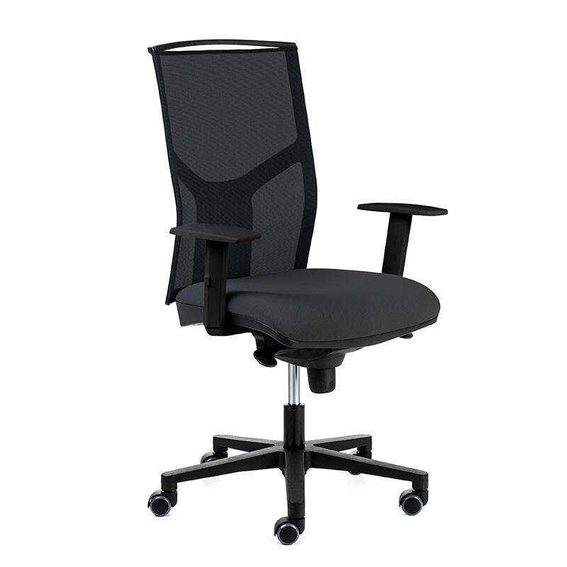 Silla AtikaPro. Respaldo malla negra y asiento tapizado negro.