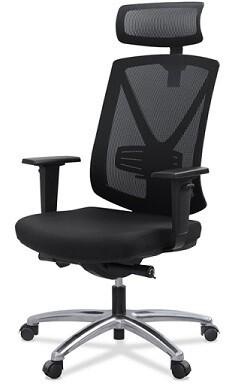 Silla Miró con cabezal. Respaldo y cabezal malla negra y asiento tapizado negro.