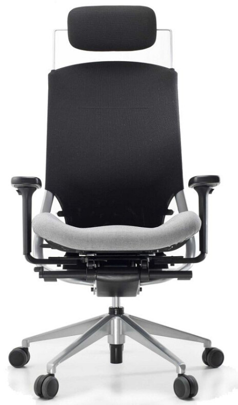 Silla Ergotango de Biplax. Cabezal y respaldo alto en malla negra. Asiento tapizado Goya.