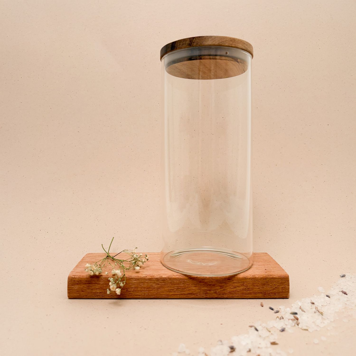 Glazen pot met acacia houten dop I H21,5 cm