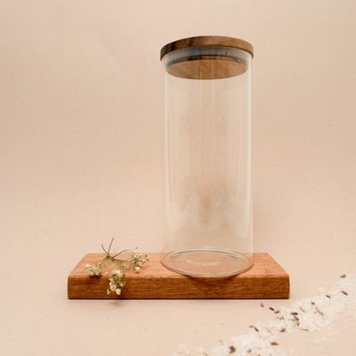Glazen pot met acacia houten dop I H21,5 cm