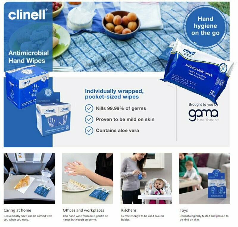 Clinell Antimicrobial Hand Wipes Suitable for Hands and Surfaces