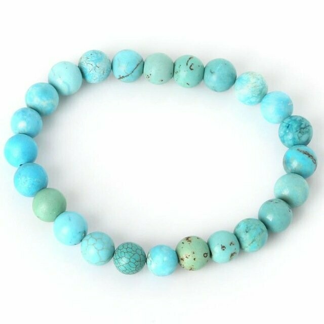 Bracelet handmade en pierre fine naturelle turquoise, perles de 8 mm, diam : 5,5 cm, neuf