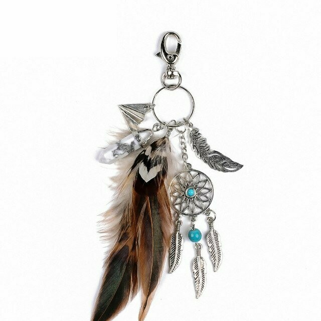 Porte-clés bijou-charm de sac, motif dreamcatcher, en métal finition argent et plumes, neuf
