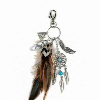 Porte-clés bijou-charm de sac, motif dreamcatcher, en métal finition argent et plumes, neuf