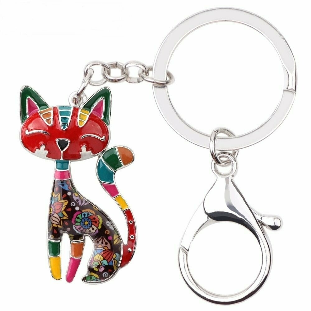 Porte-clés motif chat stylisé, en métal argent, et émaillé multi-couleurs, neuf