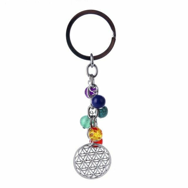 Porte-clés, motif fleur de vie stylisé, en métal argent et pierres fines naturelles, neuf