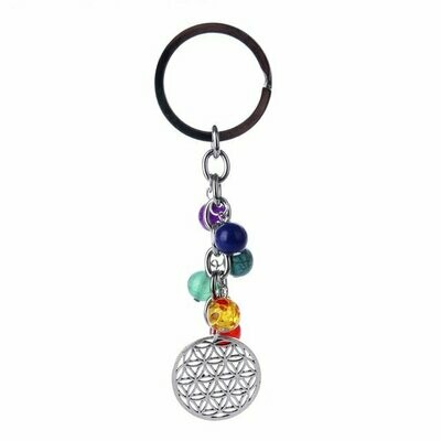 Porte-clés, motif fleur de vie stylisé, en métal argent et pierres fines naturelles, neuf