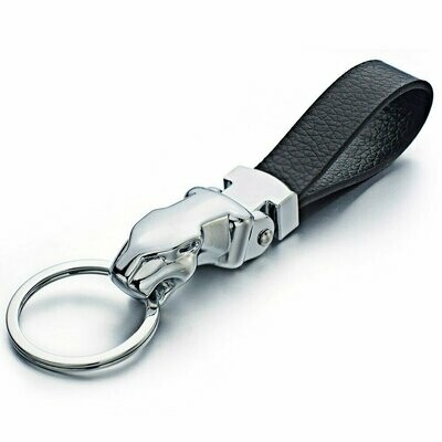 Porte-clés, motif tête de léopard stylisé, en métal argent et poignée en cuir noir, neuf