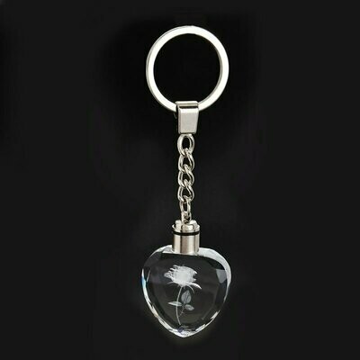 Porte-clés, motif floral stylisé, rose, en verre cristal coeur et led couleur rouge, neuf