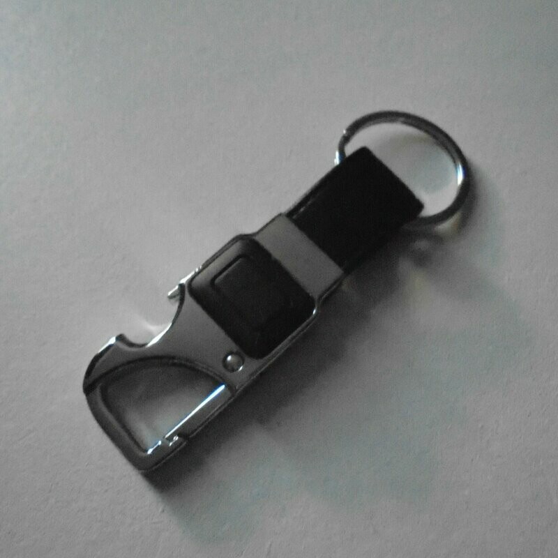 Porte-clés, motif multi-fonctions, en métal argent et poignée en cuir noir, neuf