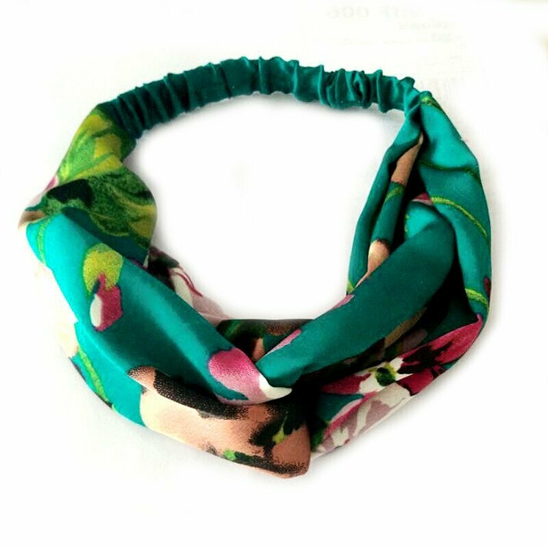 Bandeau pour cheveux look rétro bohème, en tissu soie  motif fleurs été, de couleur vert, élastiqué, neuf