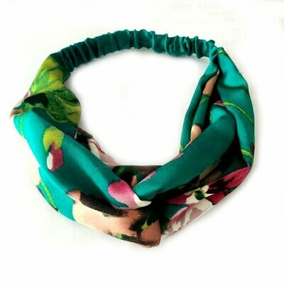 Bandeau pour cheveux look rétro bohème, en tissu soie  motif fleurs été, de couleur vert, élastiqué, neuf