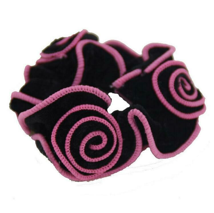 Chouchou pour cheveux  en tissu motif fleur stylisé, couleurs rose et noir, élastiqué, neuf