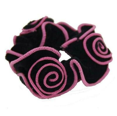 Chouchou pour cheveux  en tissu motif fleur stylisé, couleurs rose et noir, élastiqué, neuf