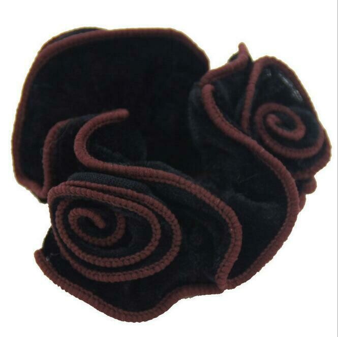 Chouchou pour cheveux en tissu motif fleur stylisé, couleurs brun café et noir, élastiqué, neuf