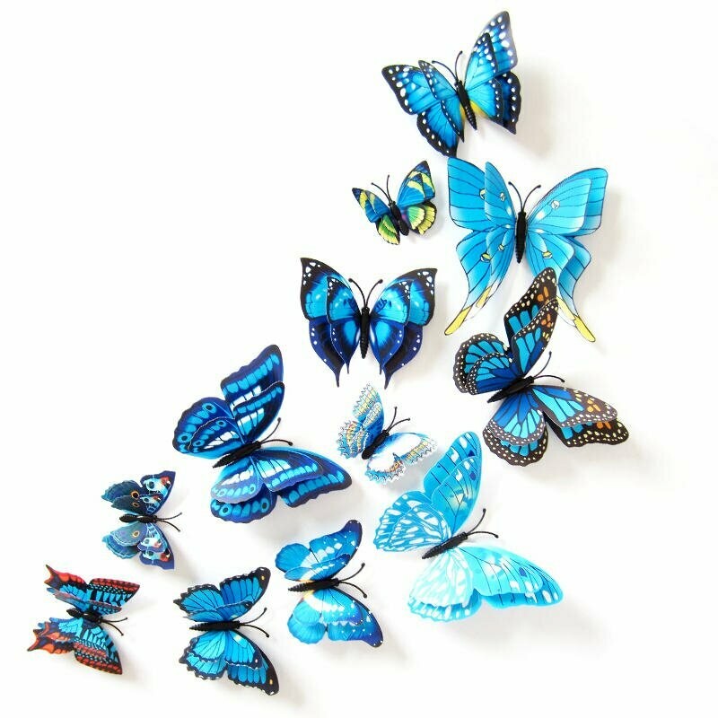 Ensemble de 12 stickers muraux 3D, motif papillon, couleurs de bleu, neufs