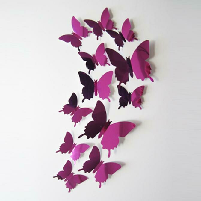 Ensemble de 12 stickers muraux 3D, motif papillon, couleur fuschia, neufs