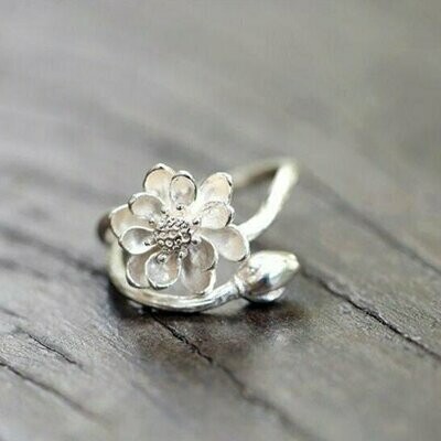 Bague argent sterling 925 rhodié, motif fleur stylisé, ajustable, neuve  - ?  livraison gratuite  -