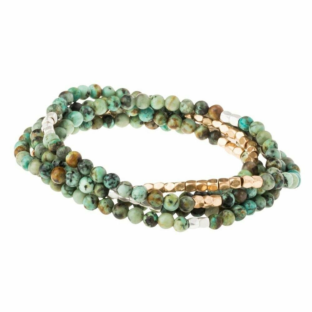 Bracelet wrap, handmade en pierre fine naturelle turquoise africaine, perles de 6 mm, et perles fantaisie or, neuf