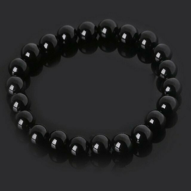 Bracelet handmade en pierre fine naturelle onyx noir brillant, perles de 8 mm, diam : 5,5 cm, neuf