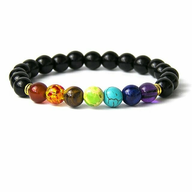 Bracelet d'harmonisation handmade en pierres fines naturelles, 7 perles thème des 7 chakras, et perles en onyx noir brillant, diam : 5,5 cm, neuf -? livraison gratuite - Bracelet d'harmonisation handmade en pierres fines naturelles, 7 perles thème des 7 chakras, et perles en onyx noir brillant, diam : 5,5 cm, neuf -? livraison gratuite -