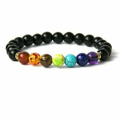 Bracelet d'harmonisation handmade en pierres fines naturelles, 7 perles thème des 7 chakras, et perles en onyx noir brillant, diam : 5,5 cm, neuf -? livraison gratuite - Bracelet d'harmonisation handmade en pierres fines naturelles, 7 perles thème des 7 chakras, et perles en onyx noir brillant, diam : 5,5 cm, neuf -? livraison gratuite -